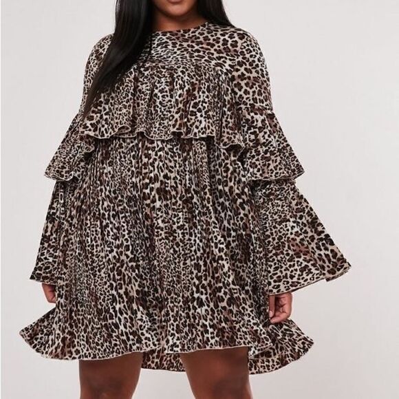 Missguided Pleated Smock Leopard Print Bell Sleeve Mini Dress Sz 6 Tall - Picture 2 of 7